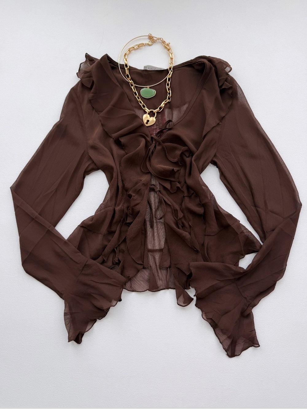 NWT Blenca Sheer Chocolate Ruffle Tie Front
Blouse Romantic Fairy Top Size S